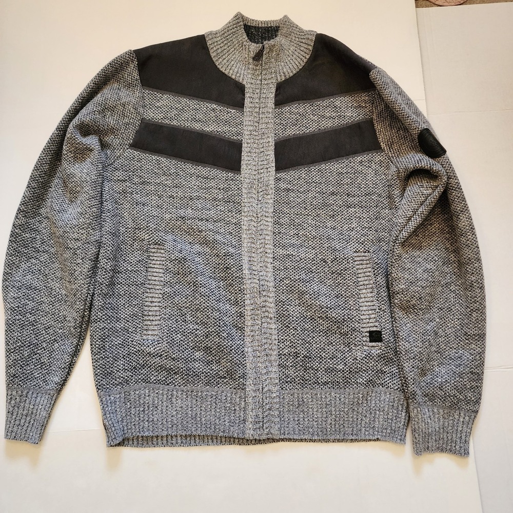Buffalo David Bitton Men's XL Tight-Knit Full Zip Sweater Gray Black Mock Neck